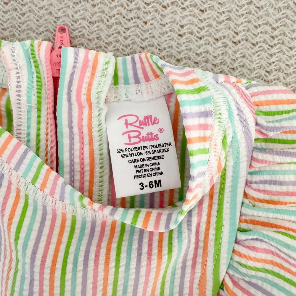 Ruffle Butts Pink Multicolor Striped Ruffle Trim Long Sleeve Rashguard Swimsuit